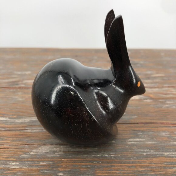 Vintage Hand Crafted Dark Wood Rabbit Figurine 3" Abstract Polished Mid Century - Picture 5 of 10